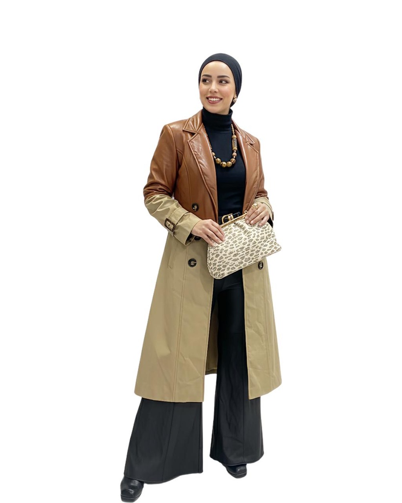 Two-Tone Faux Leather Trench Coat