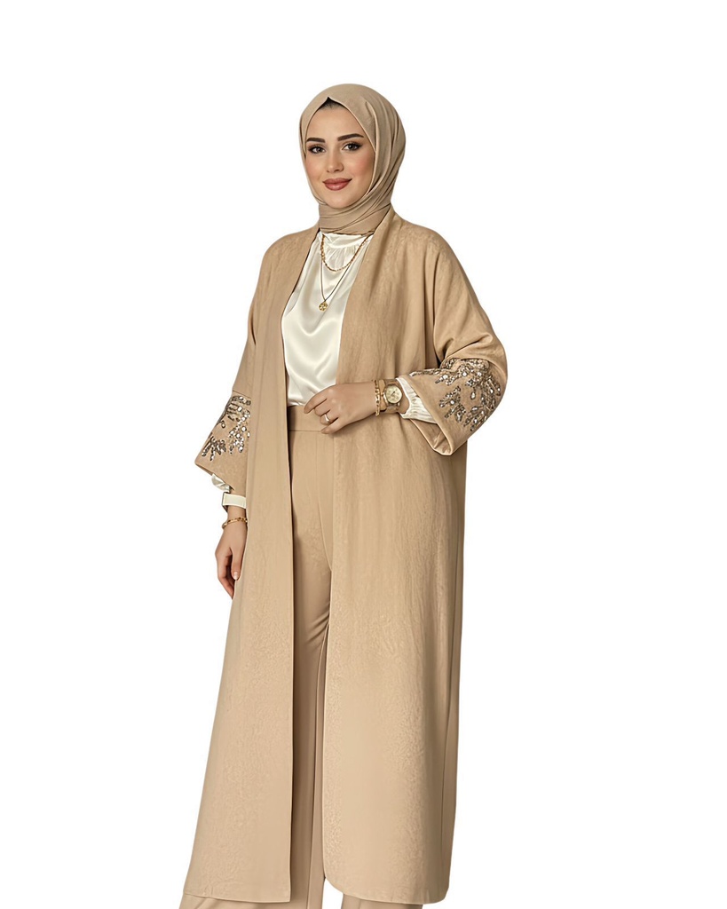 Long Embellished Open-Front Coat