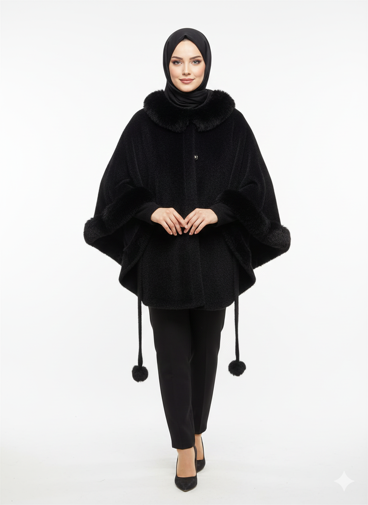 Fur-Trim Belted Cape