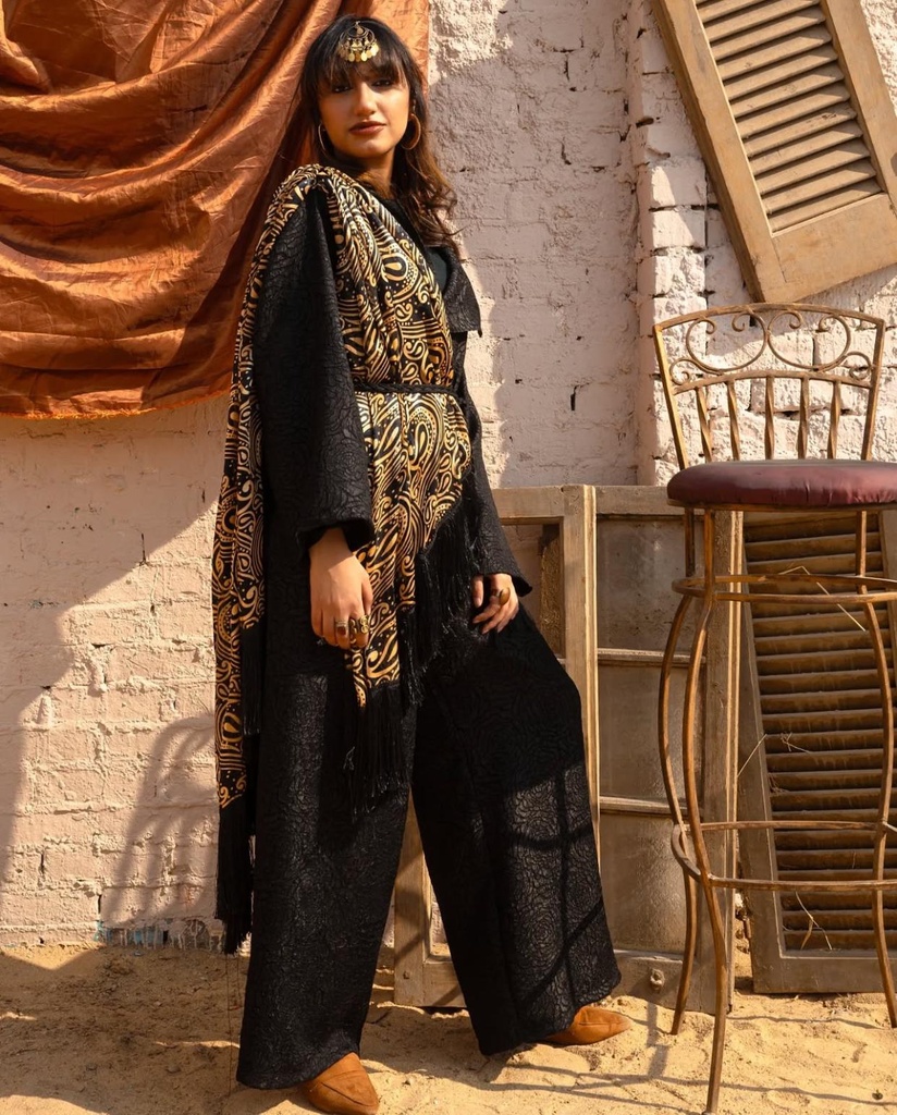 Black Jumpsuit With Gold Shawl
