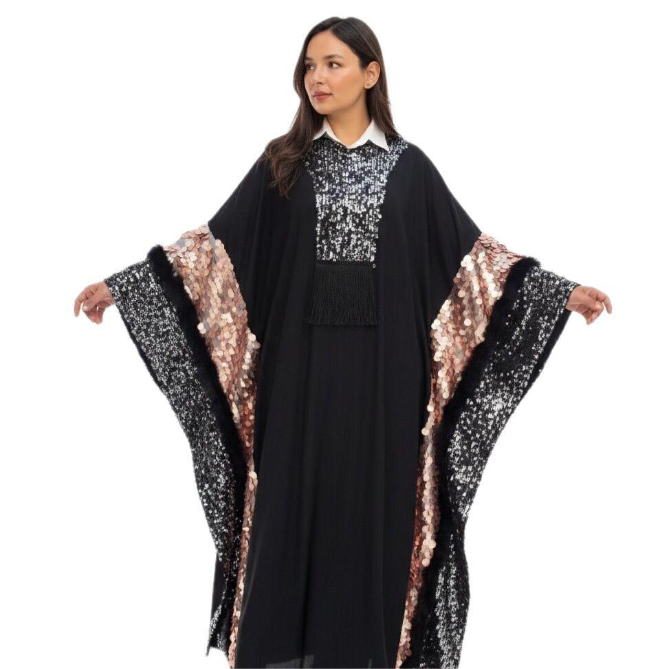 Sequined Fur-Sleeve Kaftan