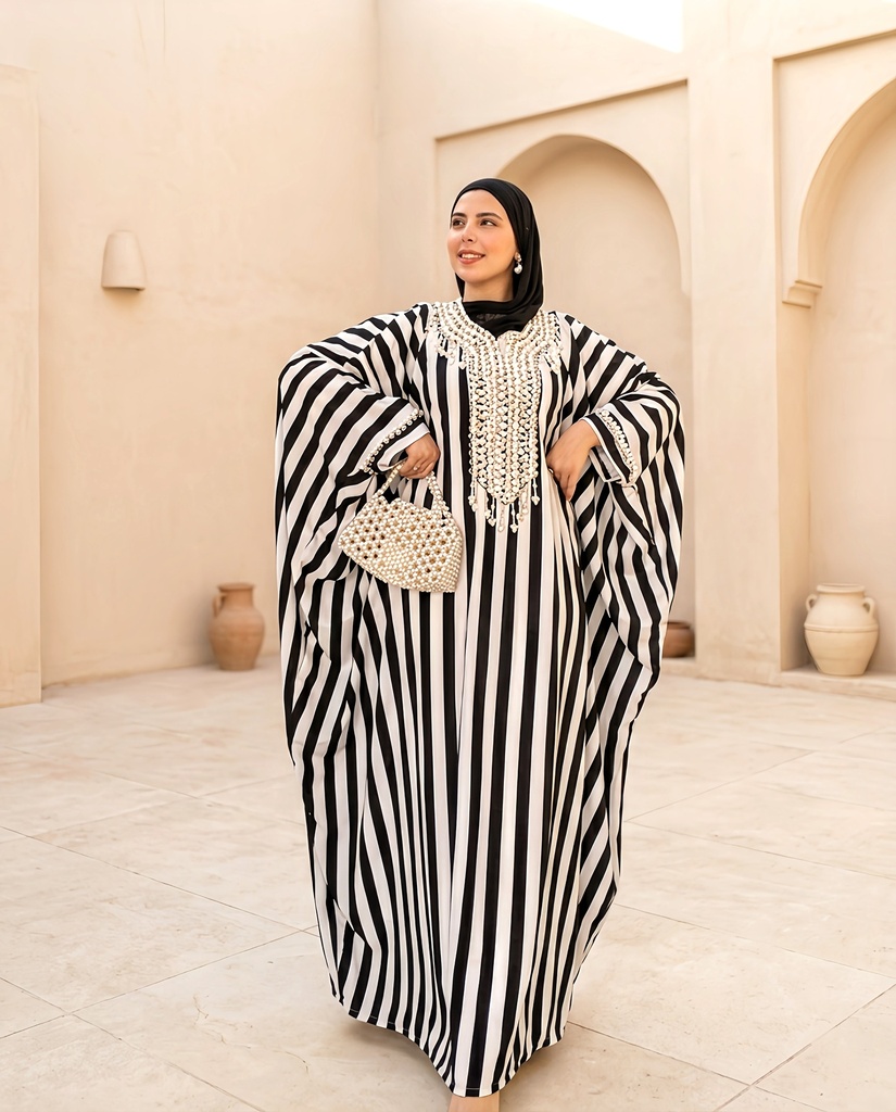 Striped Crystal Pearl Embroidered Abaya