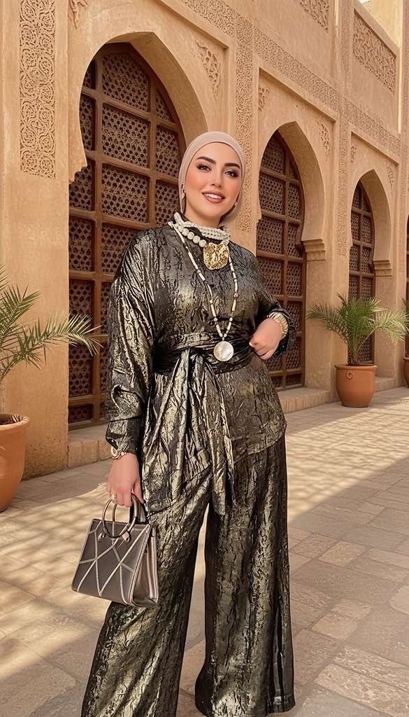 Metallic Crinkled Tie Waist Suit