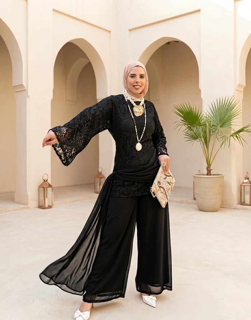 Lace Layered Chiffon Top Suit