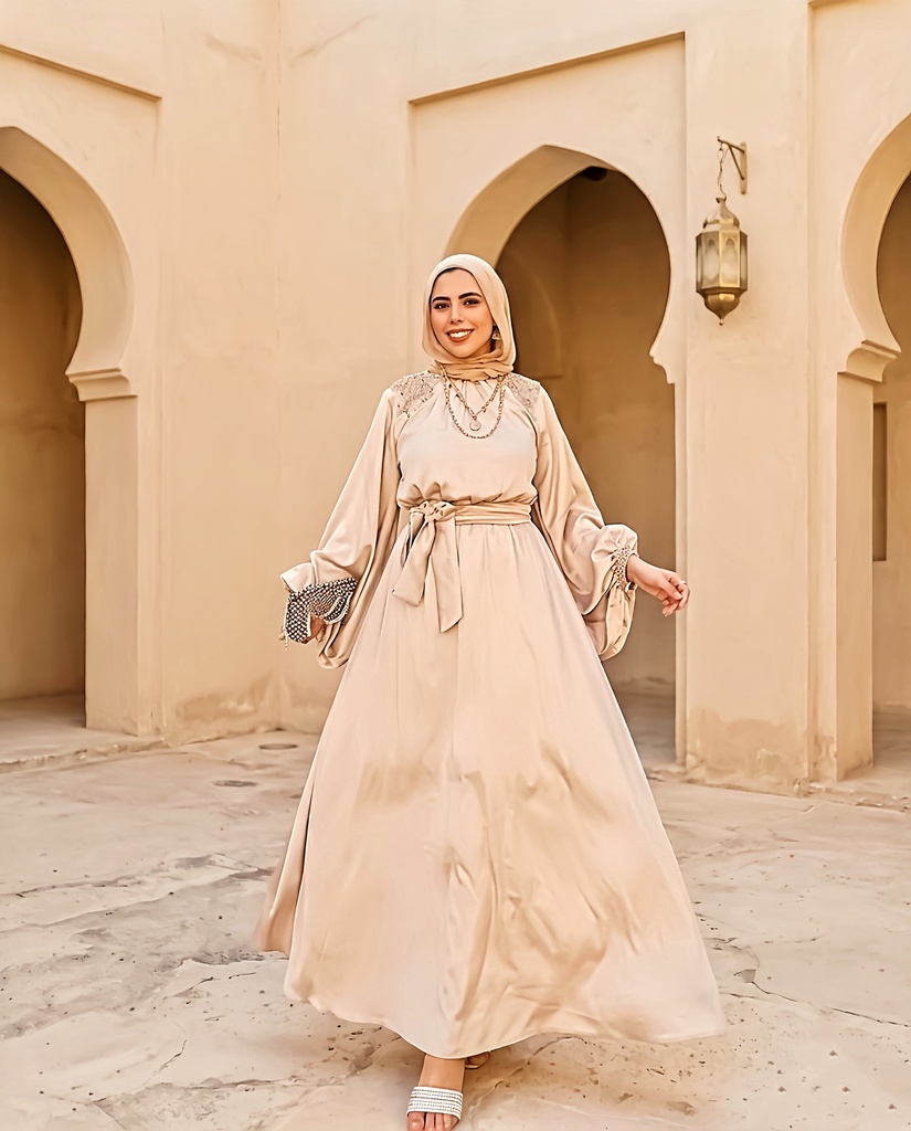 Belted Embroidered Satin Dress