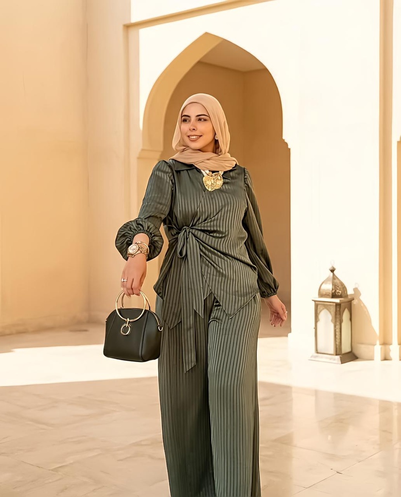 Waist Tie Striped Satin Suit