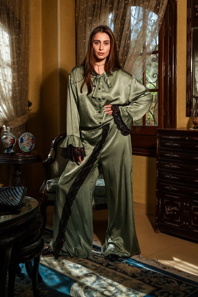 Lace Tie Neck Shimmer Satin Suit