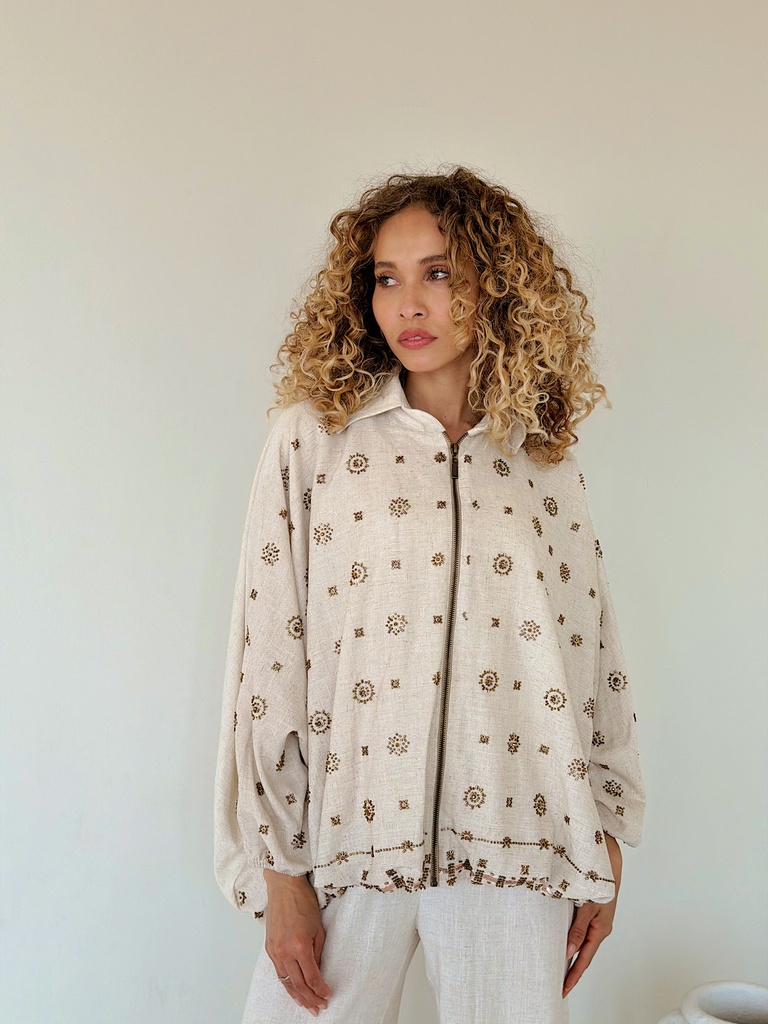 Embroidered Zip-Up Linen Suit