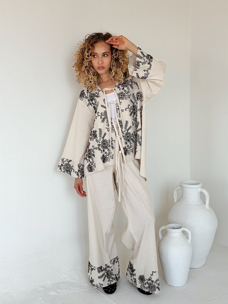 Thread Embroidered Belted Suit