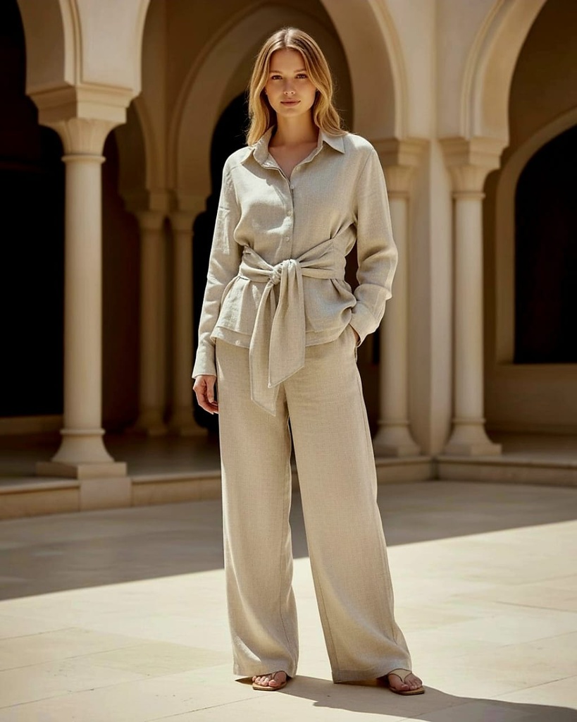 Wide-Leg Linen Belted Suit