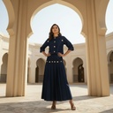 Gold Brooch Denim Skirt Suit