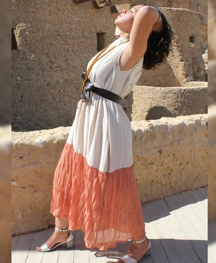[L106-louqi] Linen Dress With Chiffon Details