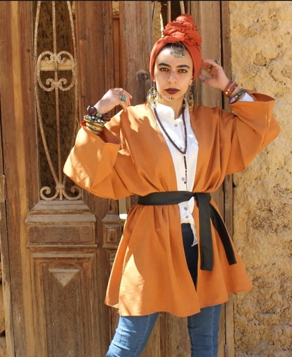 [L107-louqi] Linen Kimono With Chiffon Details