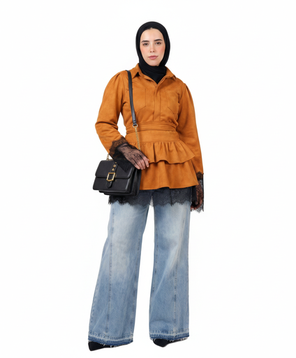 [win26] Ruffles Hem Suede Blouse