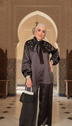 Embroidered Satin Tie Neck Suit