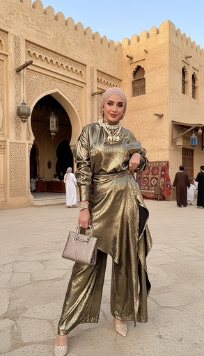 Metallic Layered Skirt Pants Suit