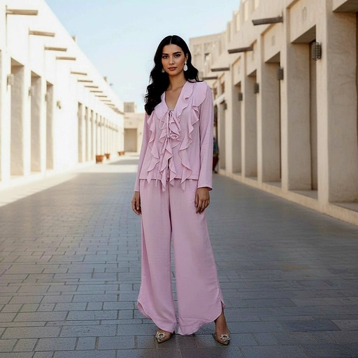[su40/sum26] Elegant Linen Ruffled Suit