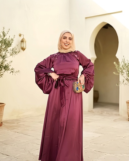 Belted Embroidered Satin Dress
