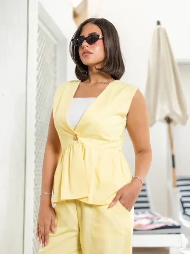 Ruffle Hem Linen Vest Suit