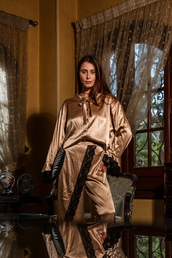 Lace Tie Neck Shimmer Satin Suit