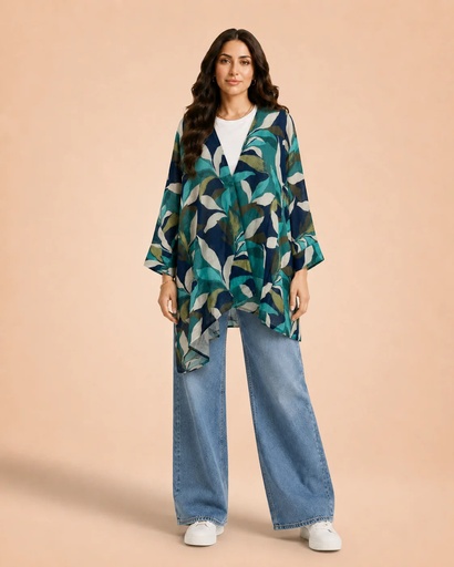 [SUM26] Asymmetric Leaf Print Linen Kimono