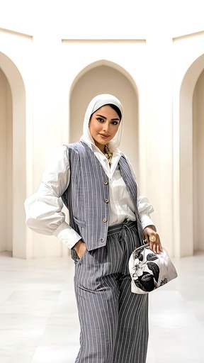 [sum26/Ri/139] Striped Linen Vest & Pants Suit
