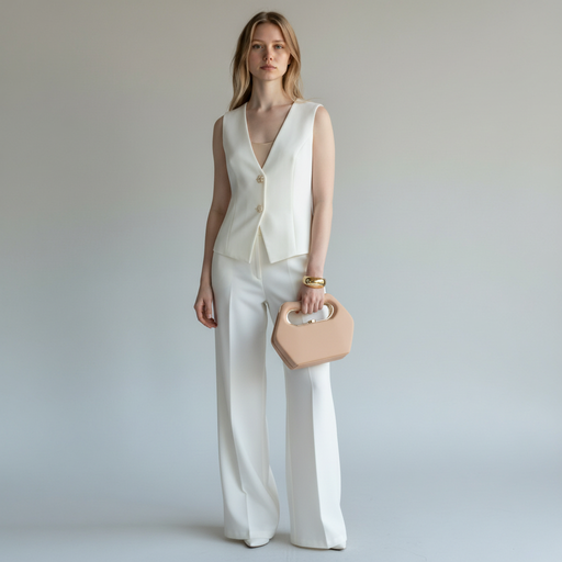 Buttoned Textured Vest Wide Leg Suit