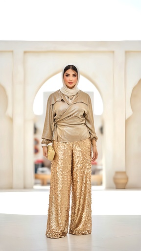 Pleated Top Sequin Detail Pants Suit