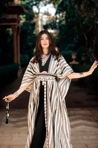 [2032-ger-rmd25] Mizyana Striped Linen Kaftan with Embellished Details